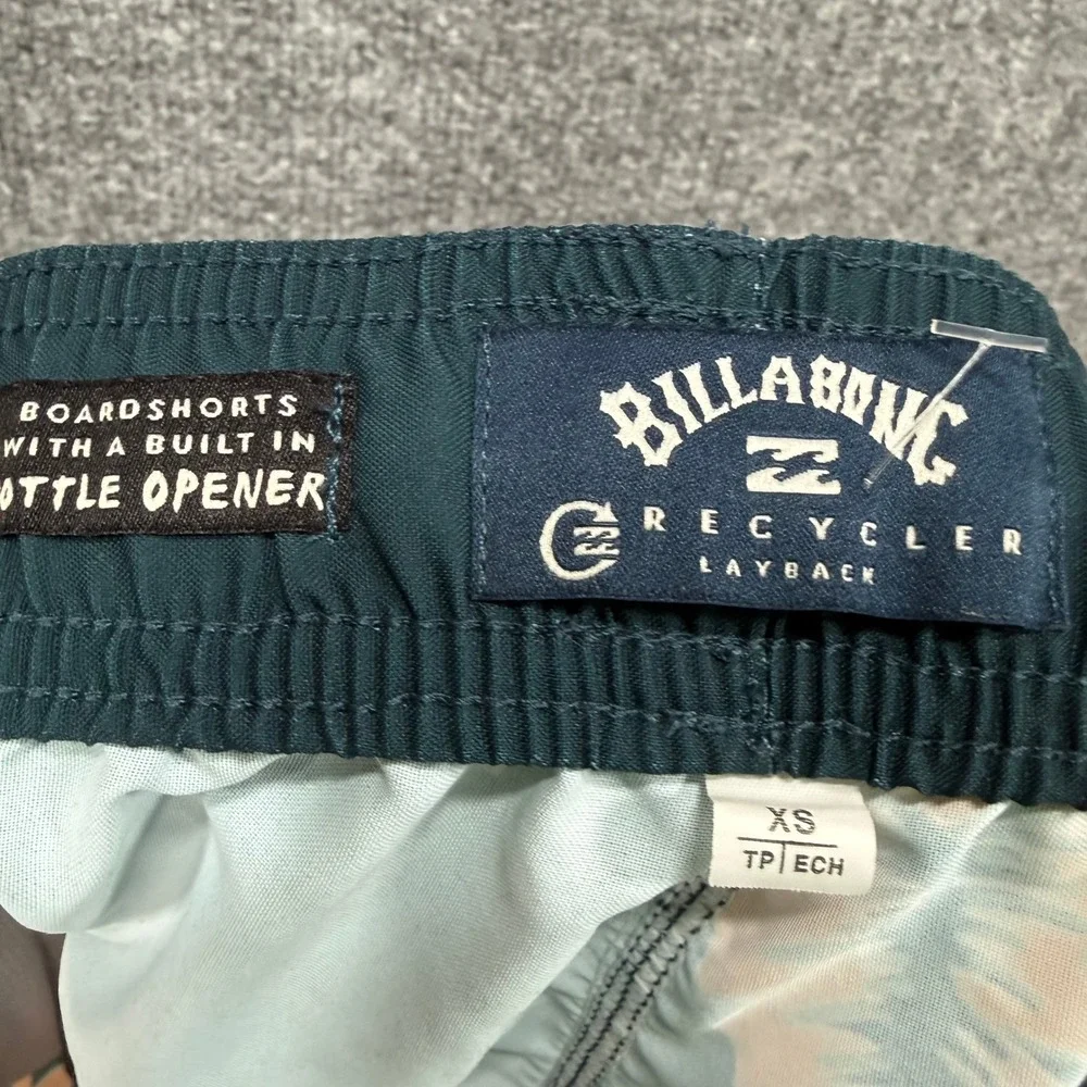 Billabong Board Shorts Men XS Teal Floral Bottle Opener Recycler Layback Trunks‎